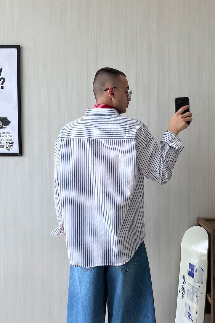 TheDad Nakışlı Çizgili Mavi Oversize Gömlek