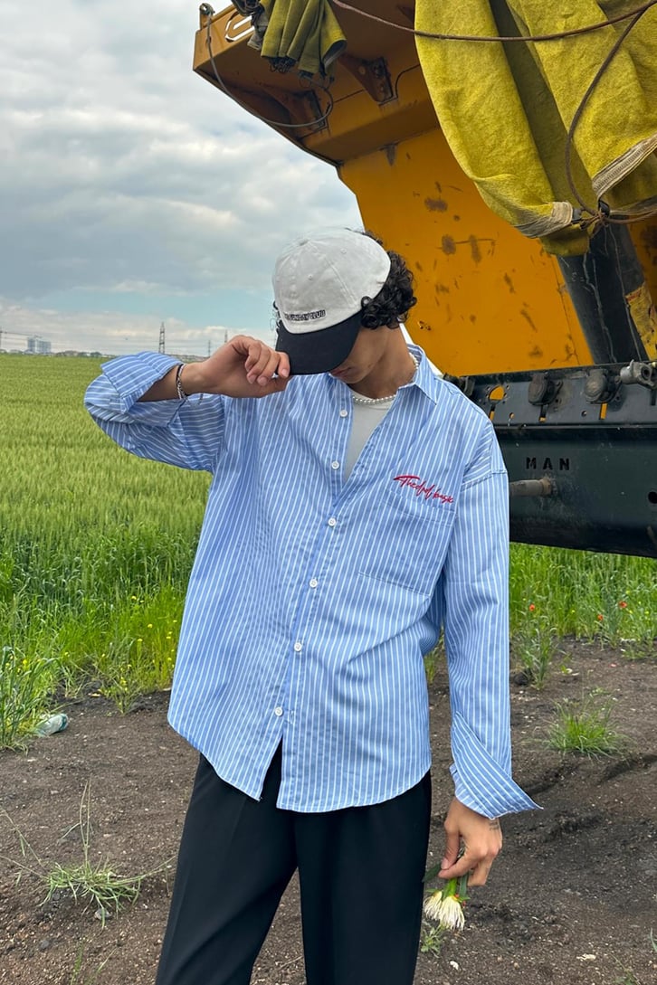 TheDad Nakışlı Çizgili Oversize Gömlek