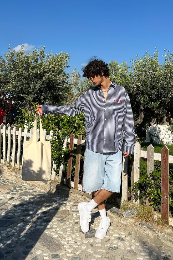 TheDad Nakışlı Çizgili Oversize Gömlek