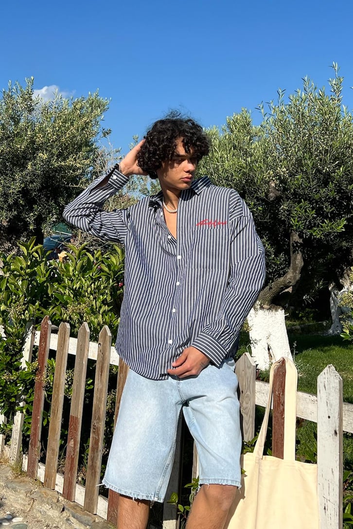 TheDad Nakışlı Çizgili Oversize Gömlek
