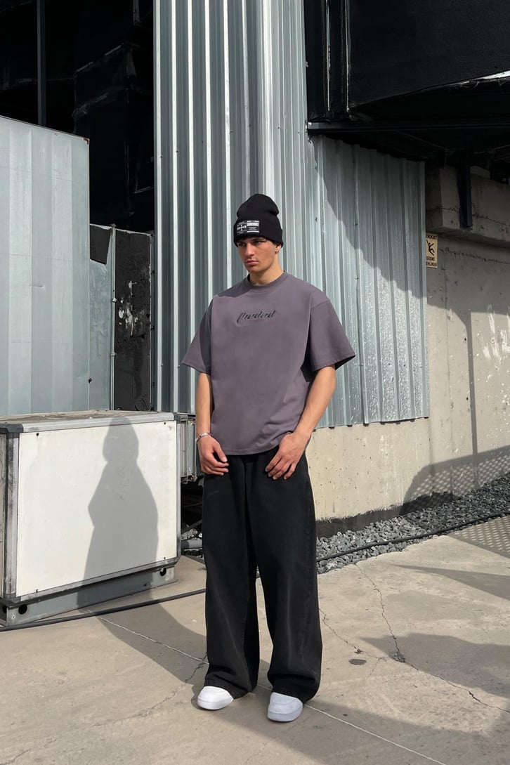 TheDad Nakışlı Washed Füme Oversize Tişört