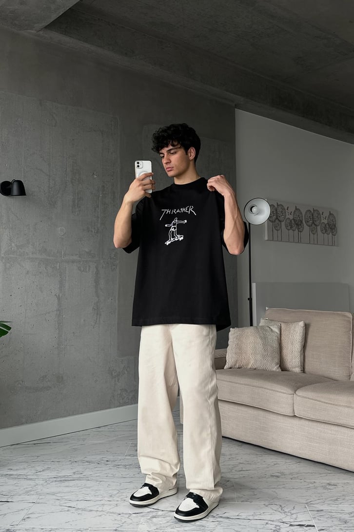 Thrasher Skateboard Siyah Oversize Tişört