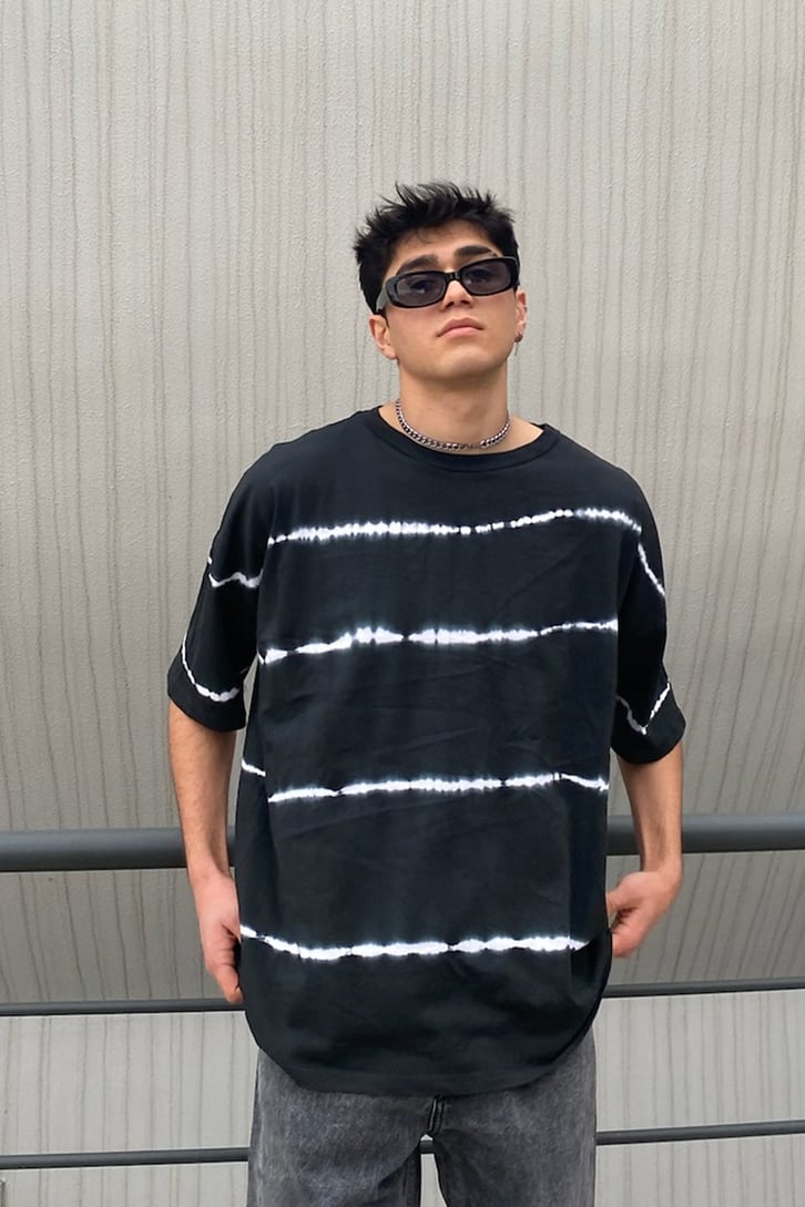 Tie-Dye Şerit Yıkamalı Oversize Tshirt
