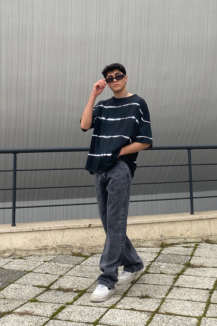Tie-Dye Şerit Yıkamalı Oversize Tshirt
