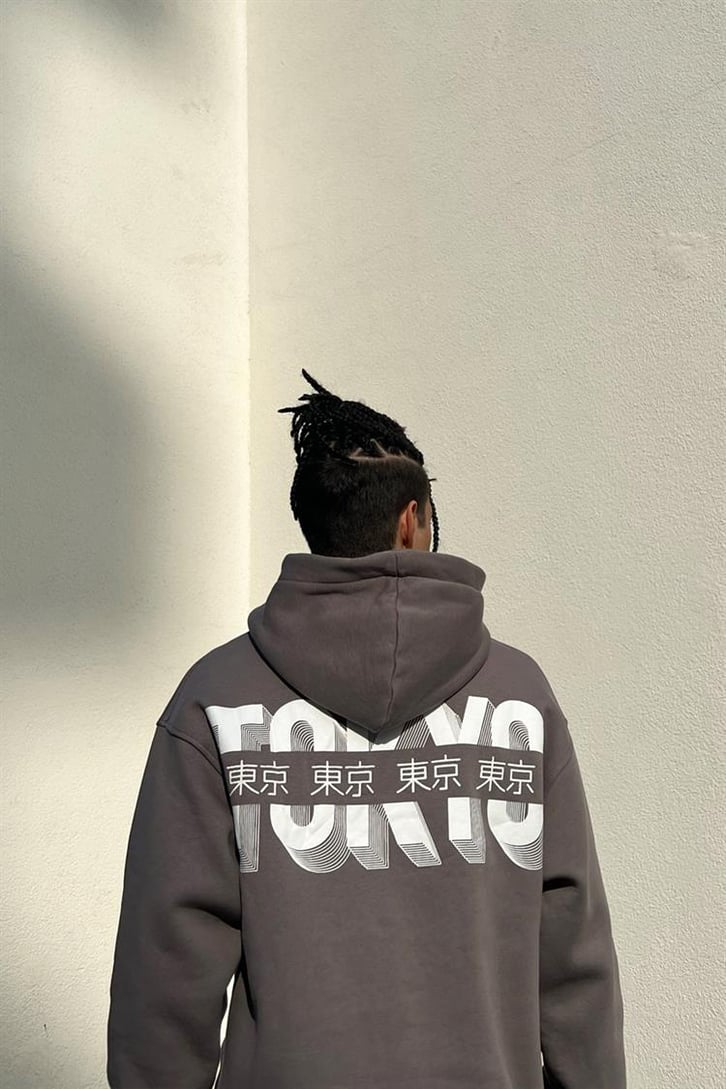 Tokyo Dragon Baskılı Koyu Gri İçi Pamuklu Oversize Hoodie