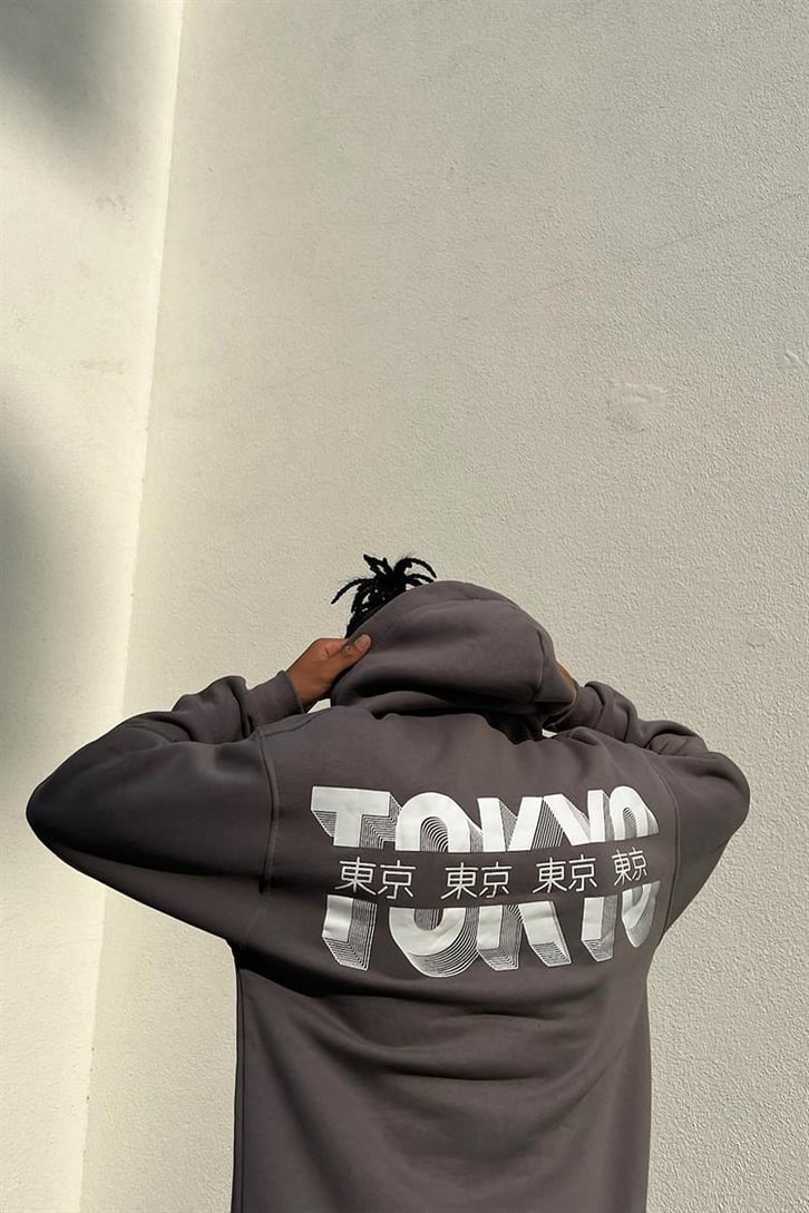 Tokyo Dragon Baskılı Koyu Gri İçi Pamuklu Oversize Hoodie