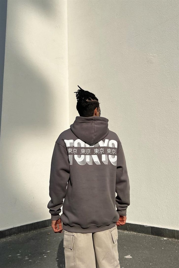 Tokyo Dragon Baskılı Koyu Gri İçi Pamuklu Oversize Hoodie