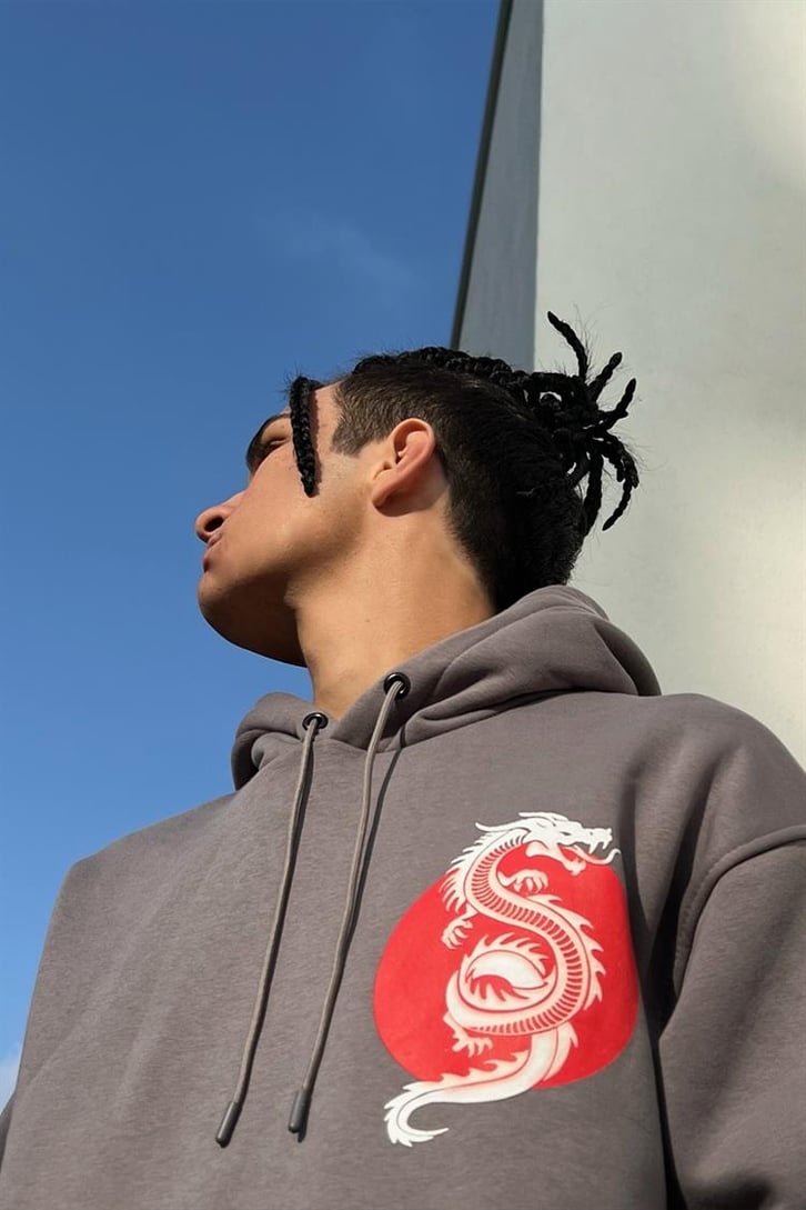 Tokyo Dragon Baskılı Koyu Gri İçi Pamuklu Oversize Hoodie