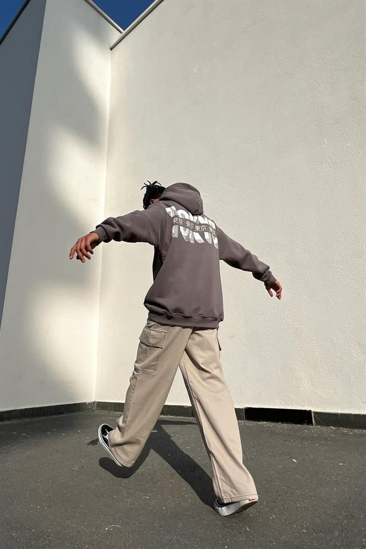 Tokyo Dragon Baskılı Koyu Gri İçi Pamuklu Oversize Hoodie