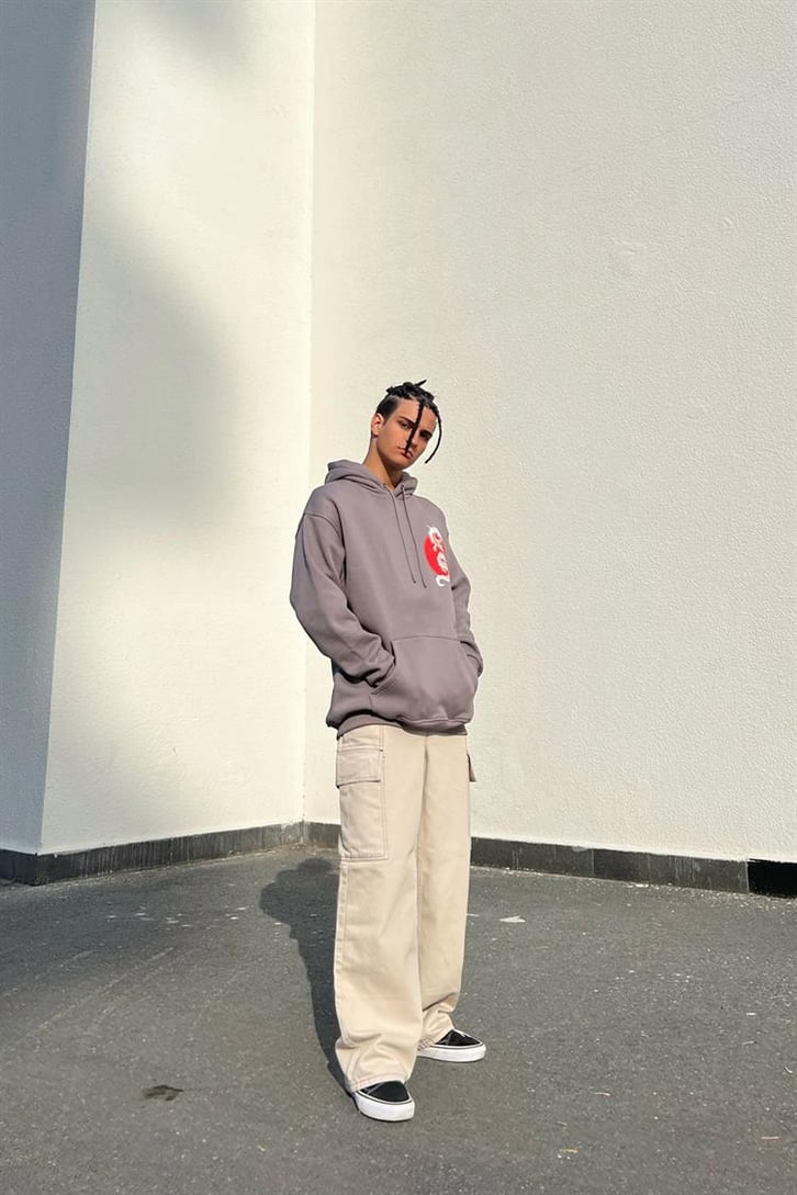 Tokyo Dragon Baskılı Koyu Gri İçi Pamuklu Oversize Hoodie