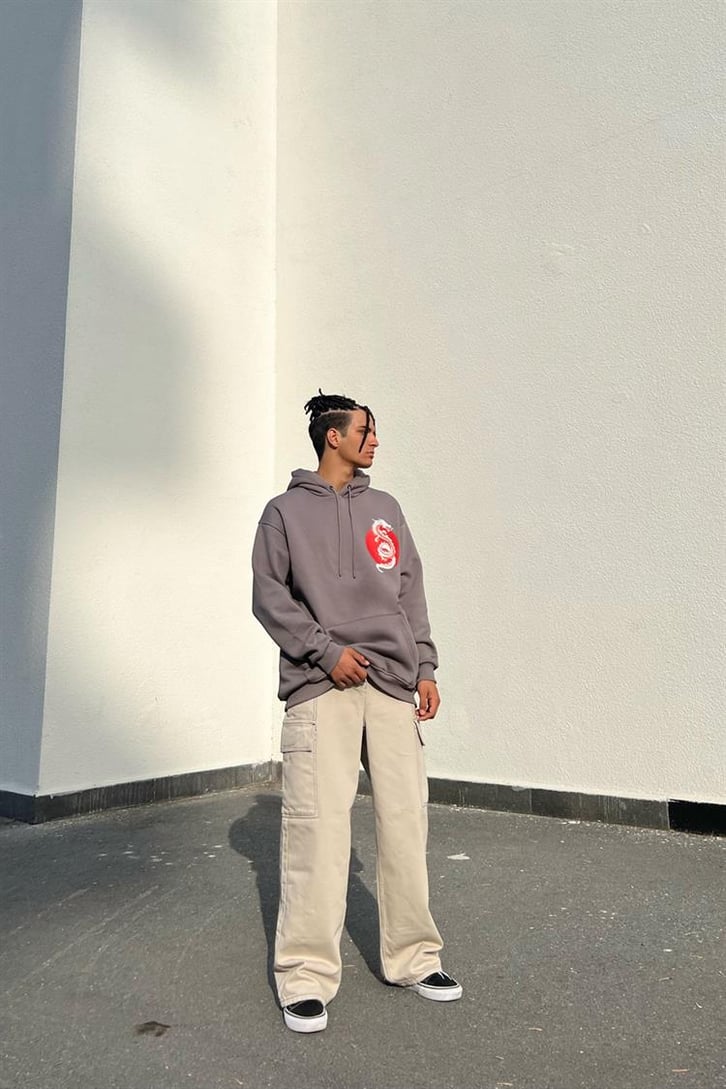 Tokyo Dragon Baskılı Koyu Gri İçi Pamuklu Oversize Hoodie