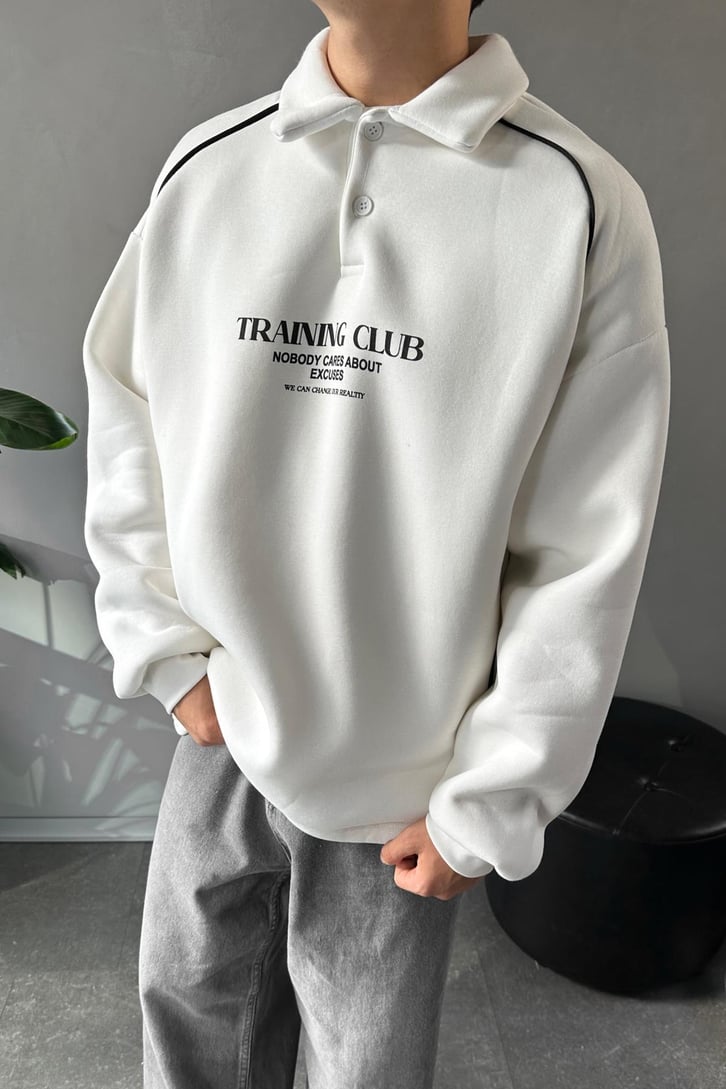 Tranıng Club Baskılı Polo Yaka Ekru Sweatshirt