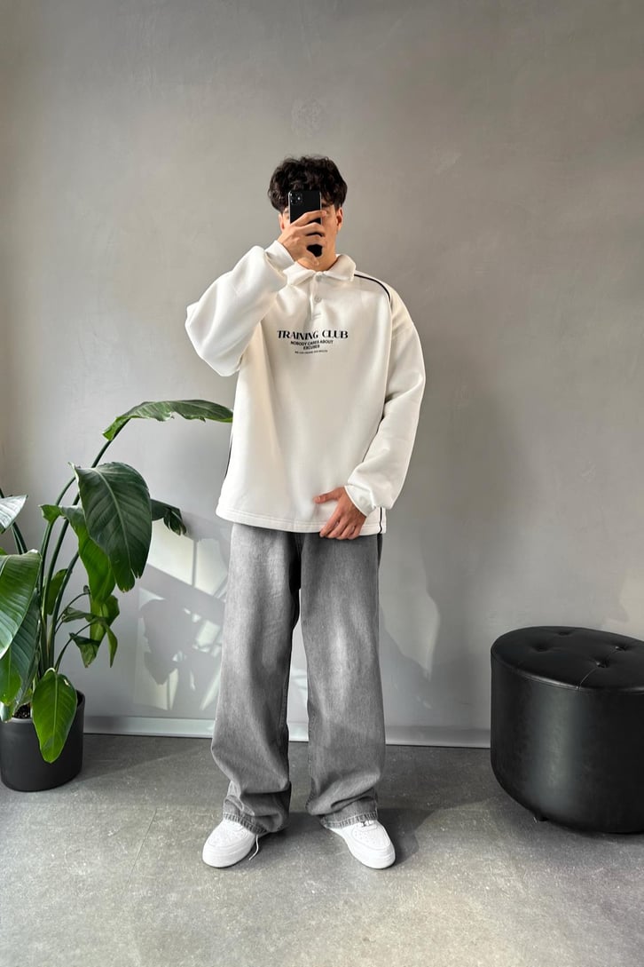 Tranıng Club Baskılı Polo Yaka Ekru Sweatshirt