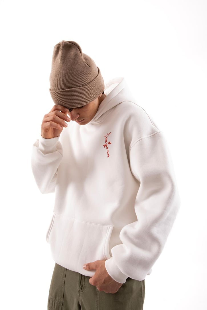 Travis Sırt Bağcıklı Beyaz Oversize Hoodie