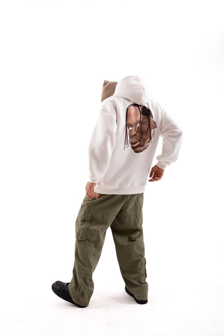 Travis Sırt Bağcıklı Beyaz Oversize Hoodie