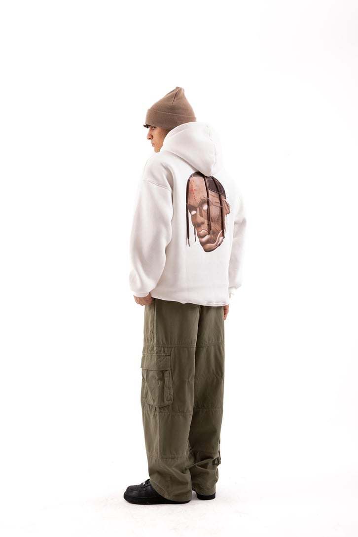 Travis Sırt Bağcıklı Beyaz Oversize Hoodie