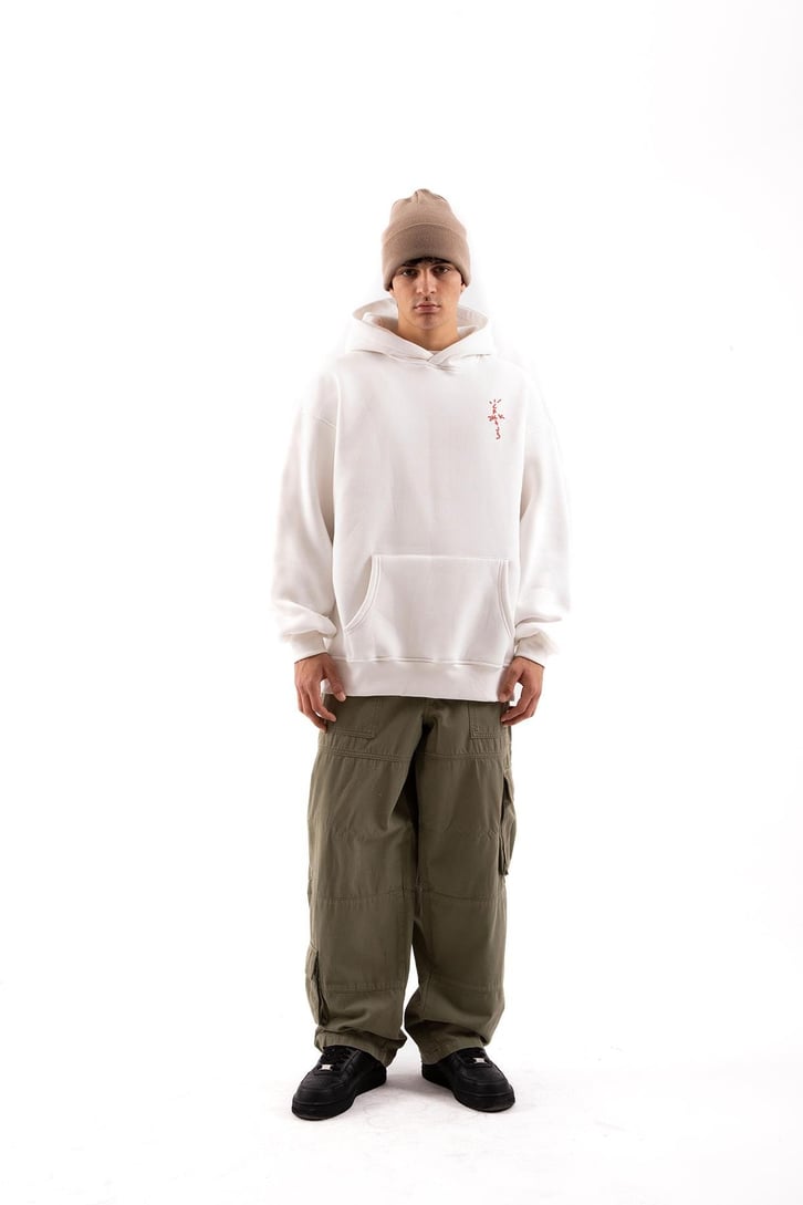Travis Sırt Bağcıklı Beyaz Oversize Hoodie