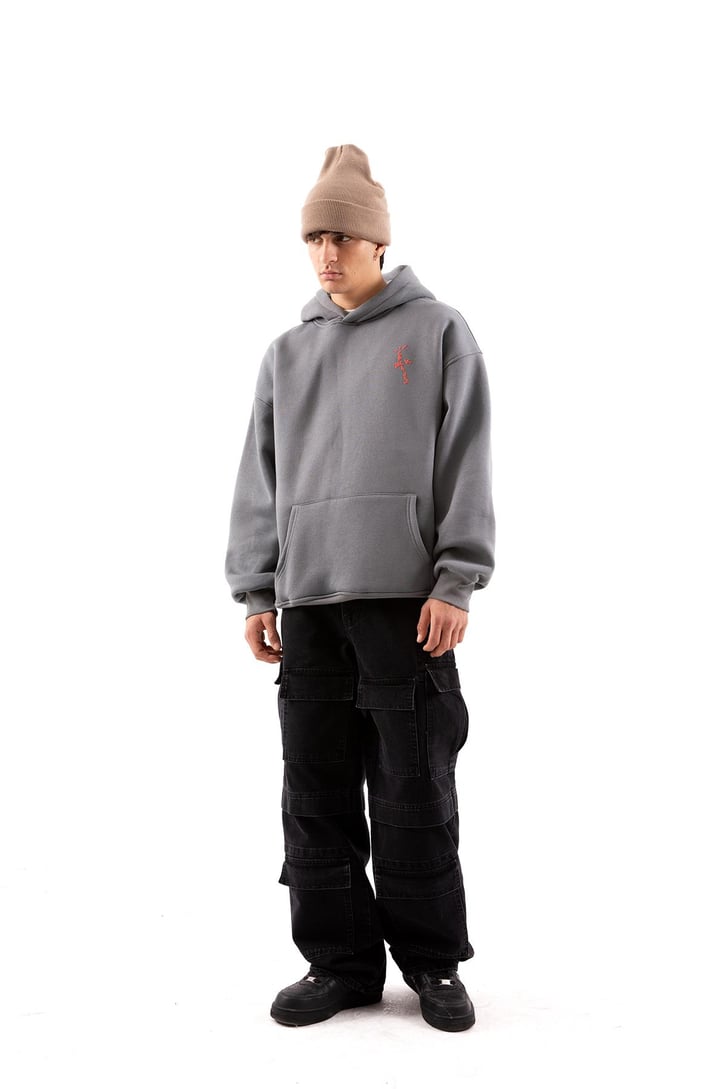 Travis Sırt Bağcıklı Füme Oversize Hoodie