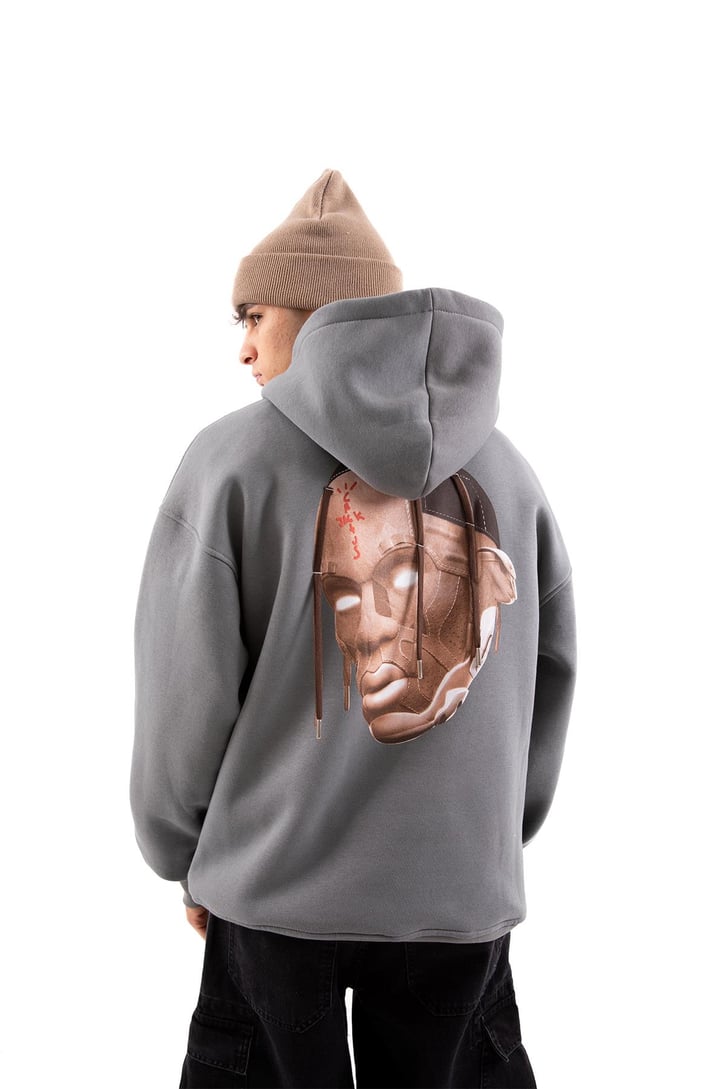 Travis Sırt Bağcıklı Füme Oversize Hoodie