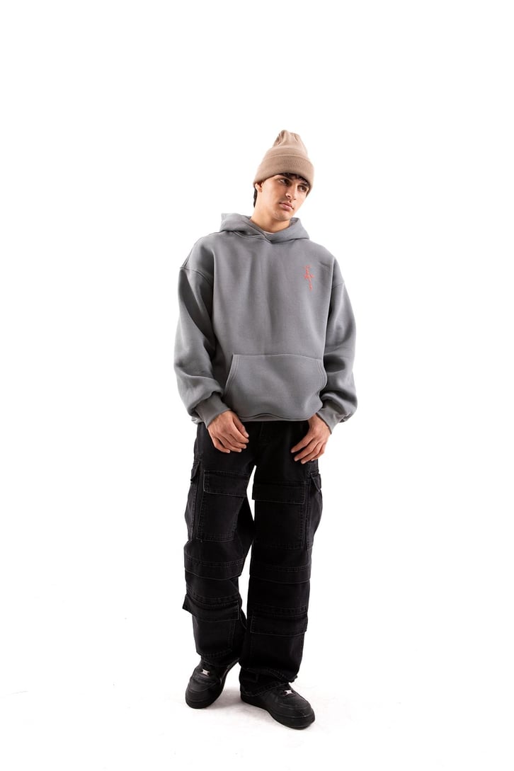 Travis Sırt Bağcıklı Füme Oversize Hoodie