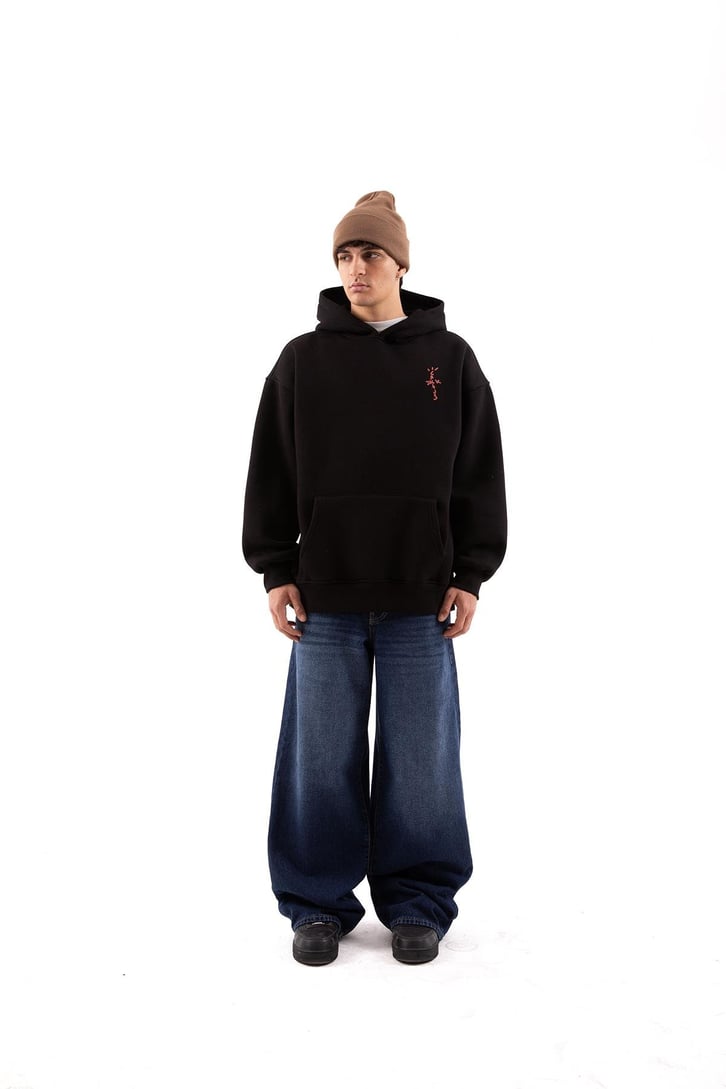 Travis Sırt Bağcıklı Siyah Oversize Hoodie