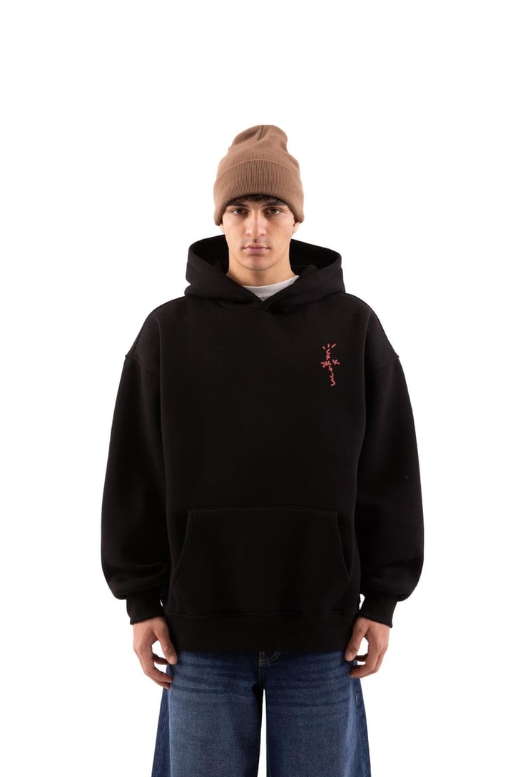 Travis Sırt Bağcıklı Siyah Oversize Hoodie