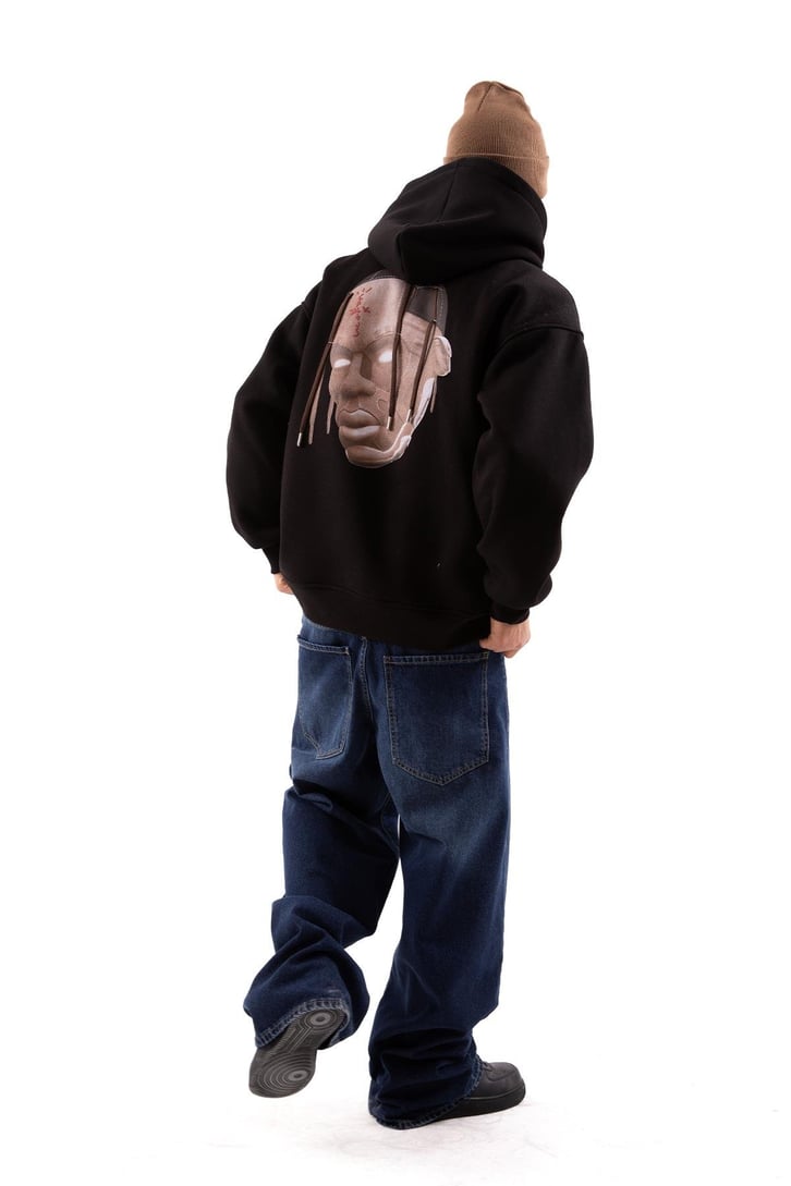 Travis Sırt Bağcıklı Siyah Oversize Hoodie