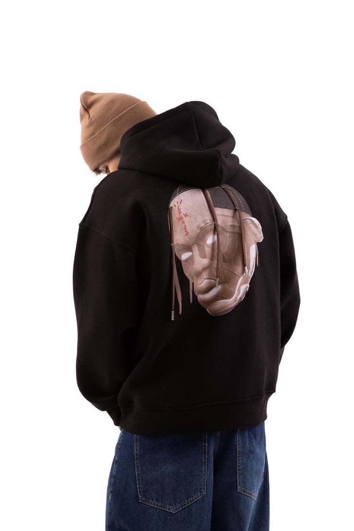 Travis Sırt Bağcıklı Siyah Oversize Hoodie