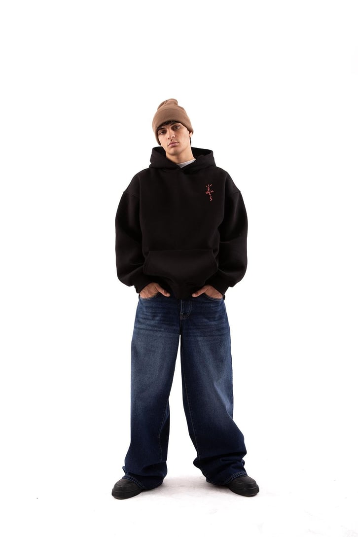 Travis Sırt Bağcıklı Siyah Oversize Hoodie