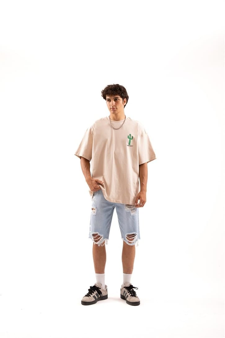 Travis Sırt Baskılı Bej Oversize Tişört