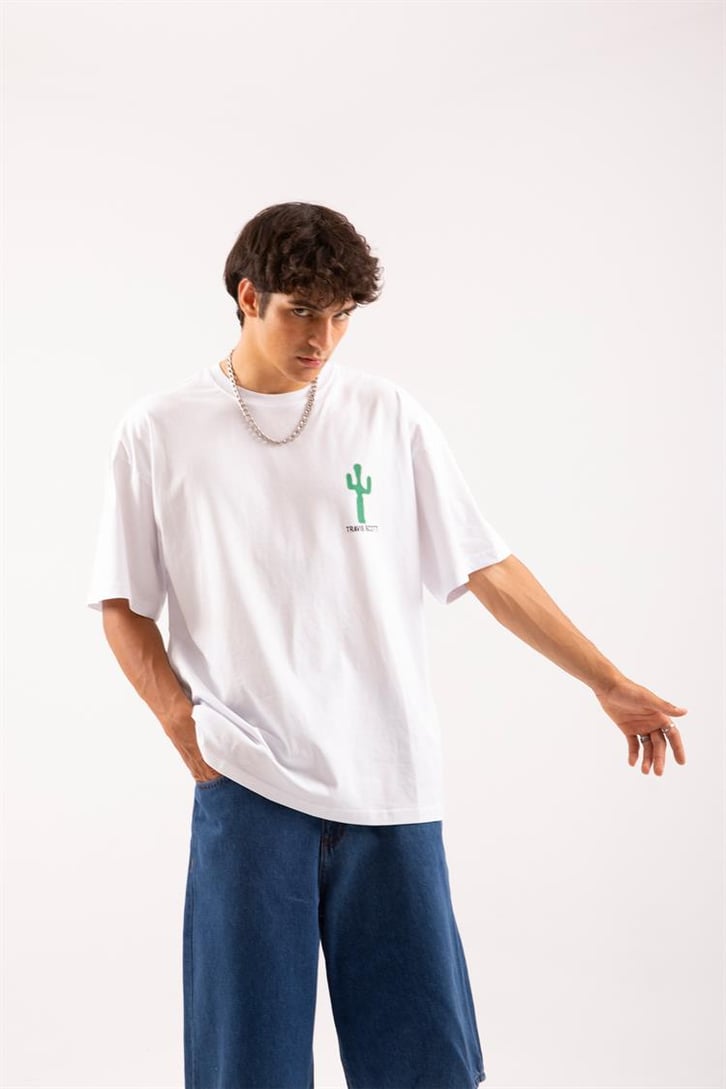 Travis Sırt Baskılı Beyaz Oversize Tişört