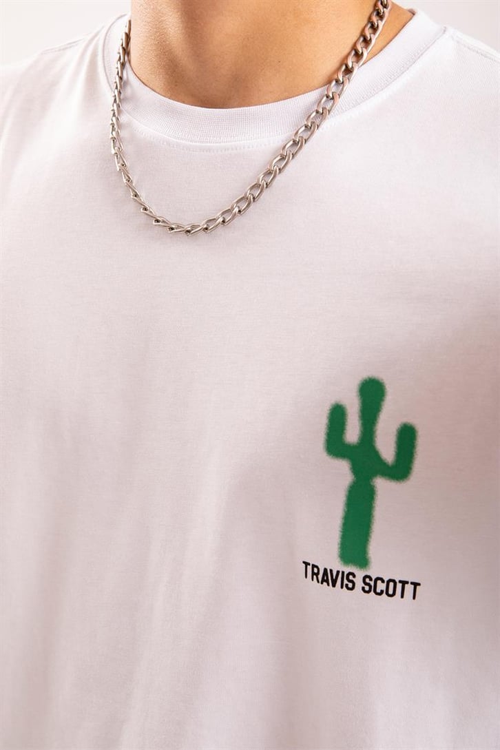 Travis Sırt Baskılı Beyaz Oversize Tişört