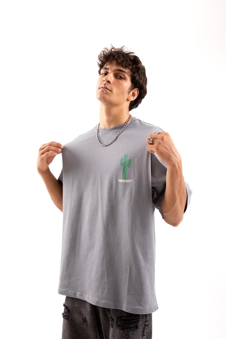 Travis Sırt Baskılı Gri Oversize Tişört