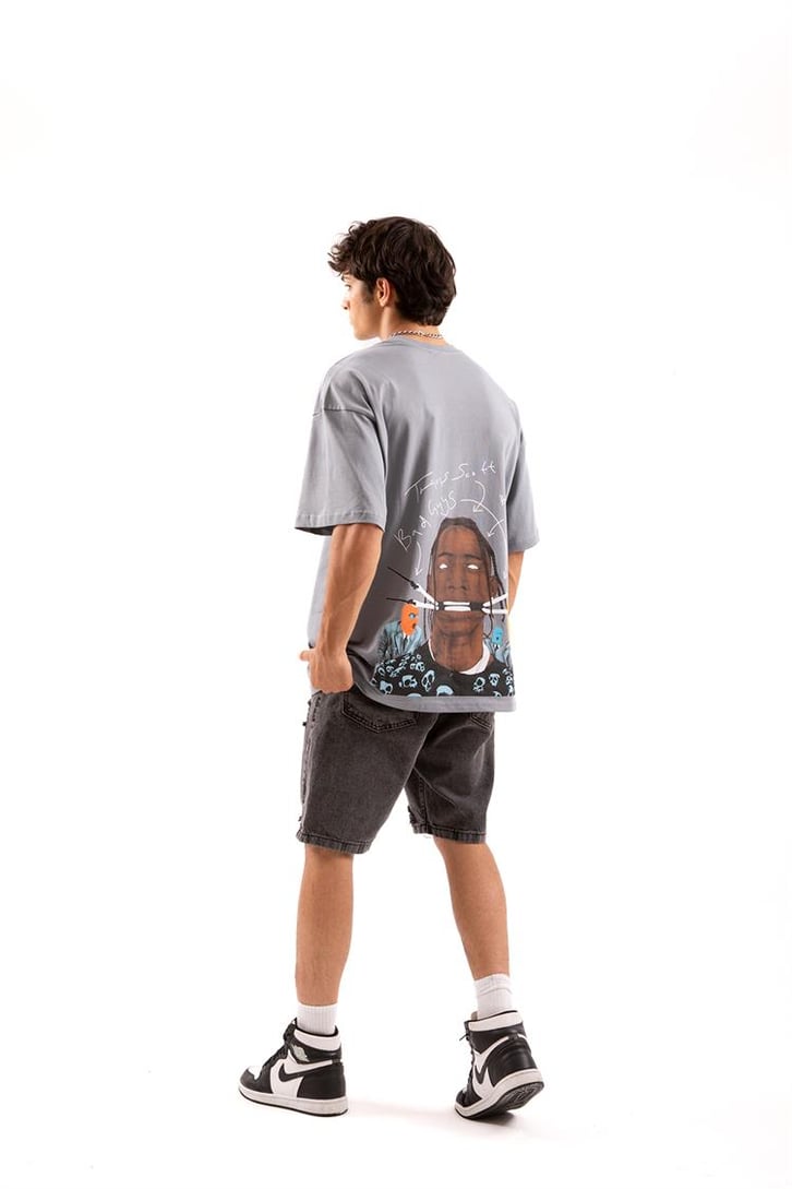 Travis Sırt Baskılı Gri Oversize Tişört