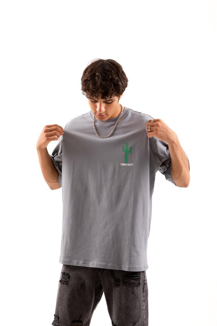 Travis Sırt Baskılı Gri Oversize Tişört