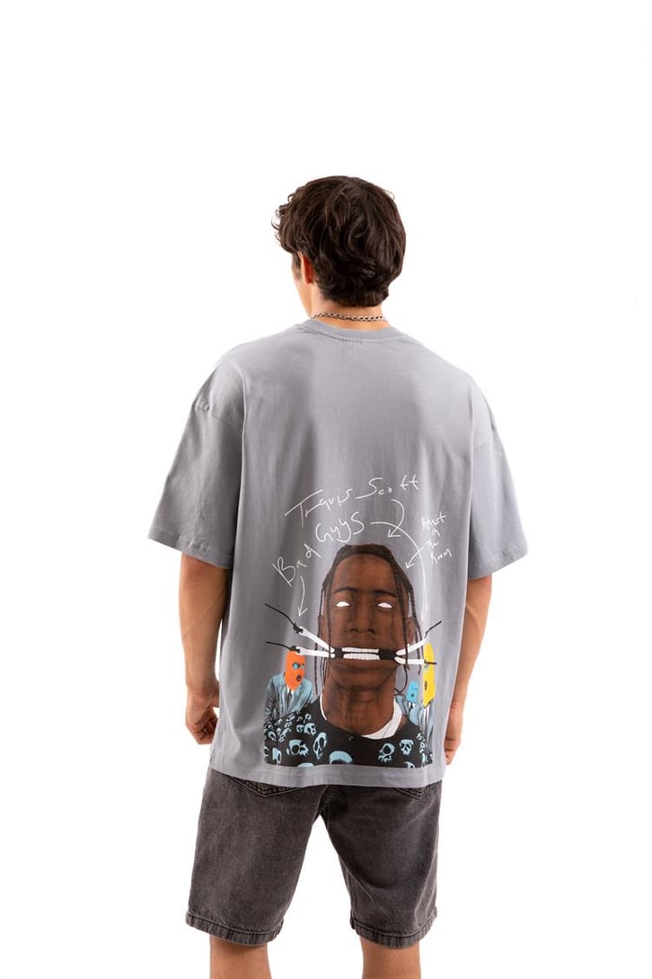 Travis Sırt Baskılı Gri Oversize Tişört