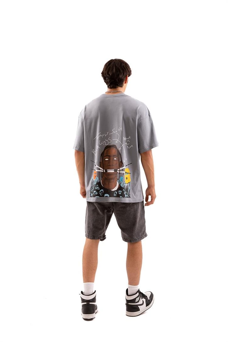Travis Sırt Baskılı Gri Oversize Tişört