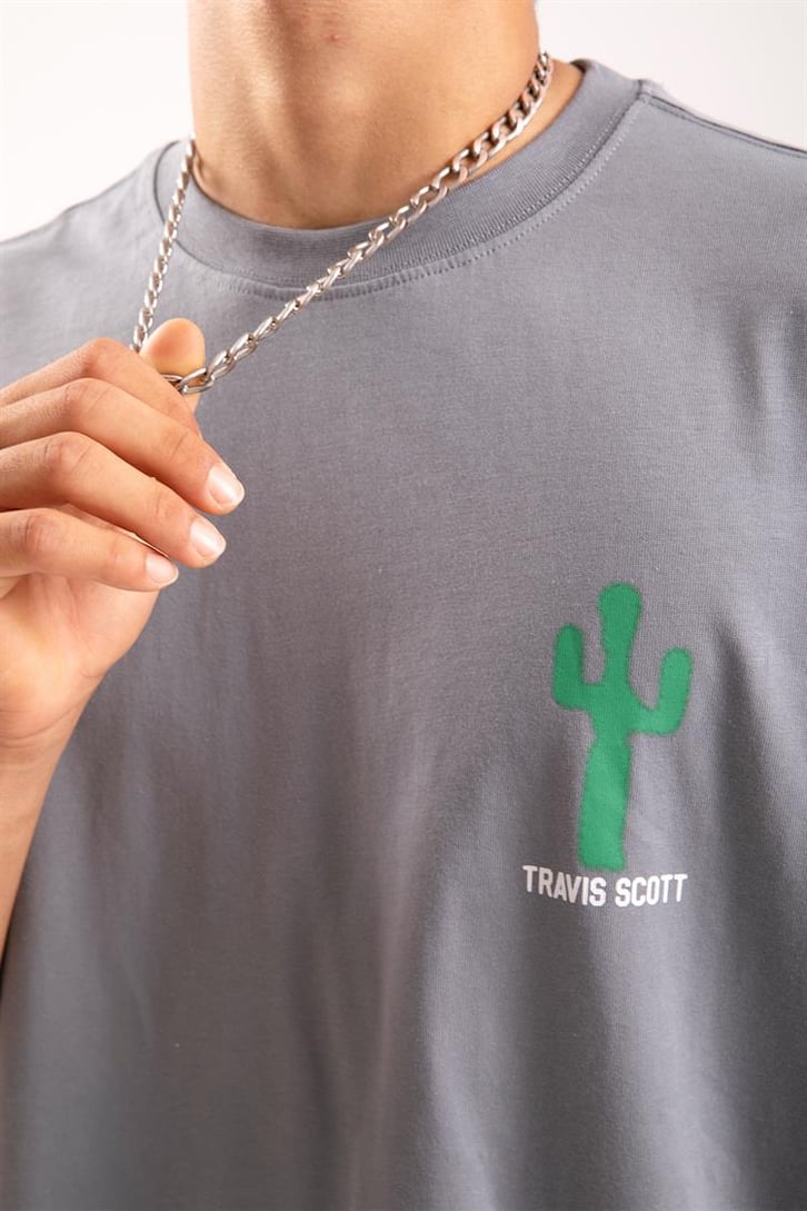 Travis Sırt Baskılı Gri Oversize Tişört