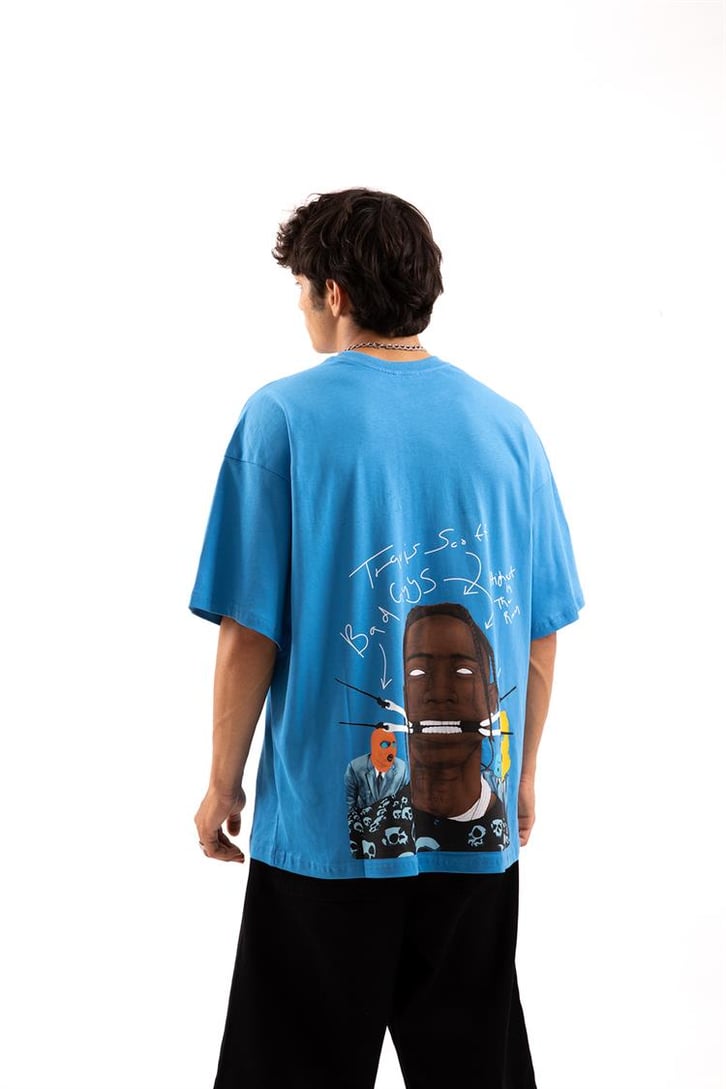 Travis Sırt Baskılı Siyah Oversize Tişört