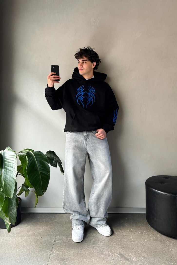 Tribal Nakışlı Oversize Hoodie