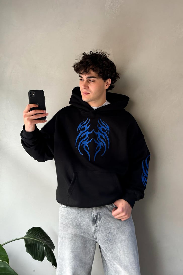 Tribal Nakışlı Oversize Hoodie
