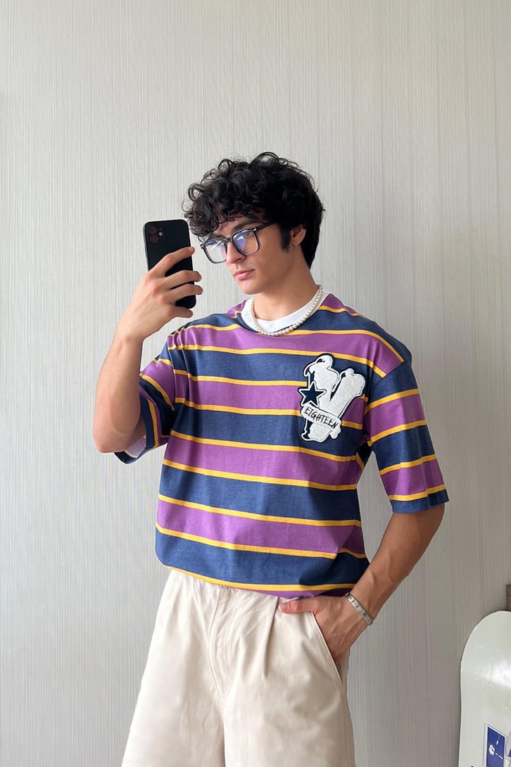 Triple Color Nakışlı Oversize Tişört