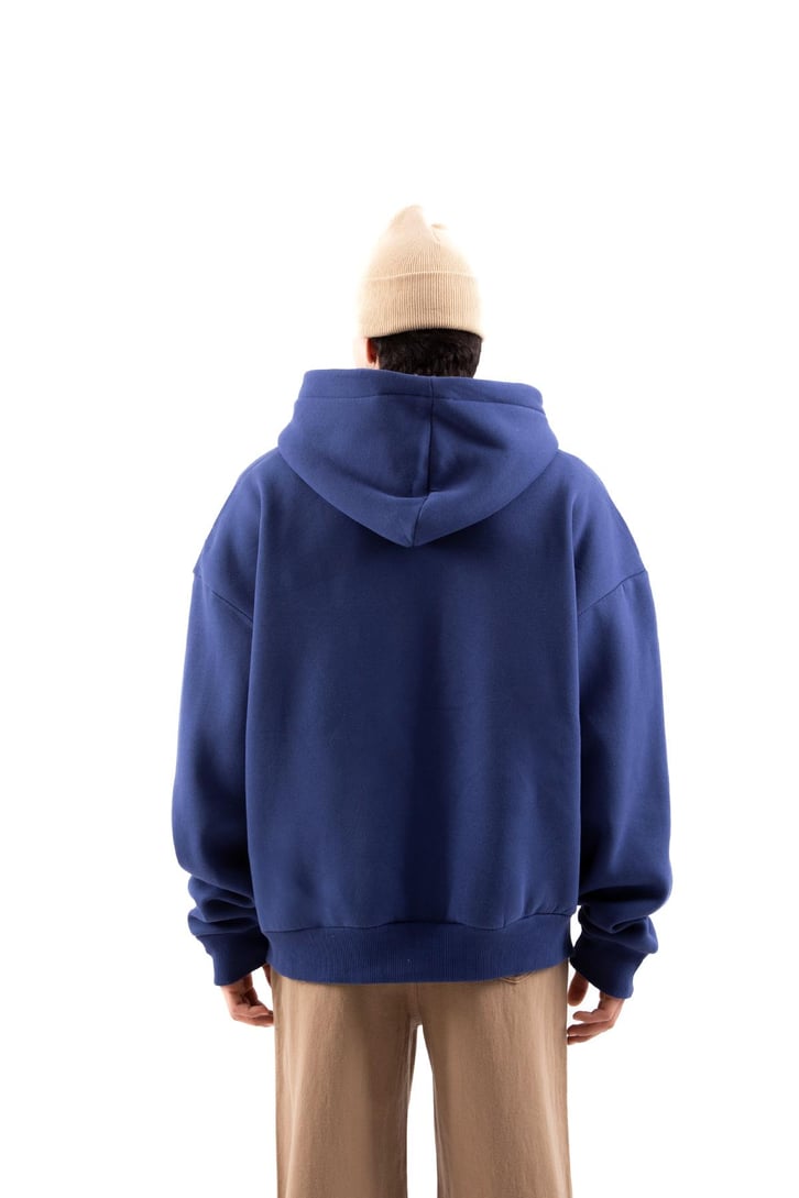 Tripley Baskılı Mavi Oversize Zip Hoodie