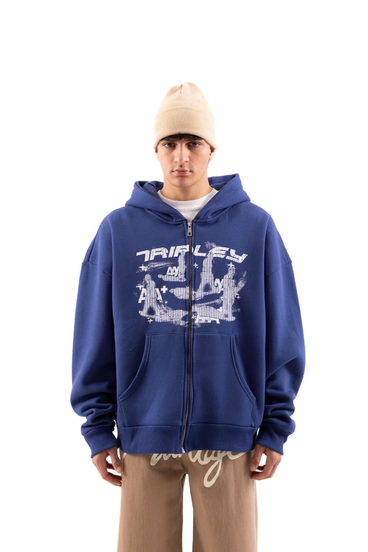 Tripley Baskılı Mavi Oversize Zip Hoodie