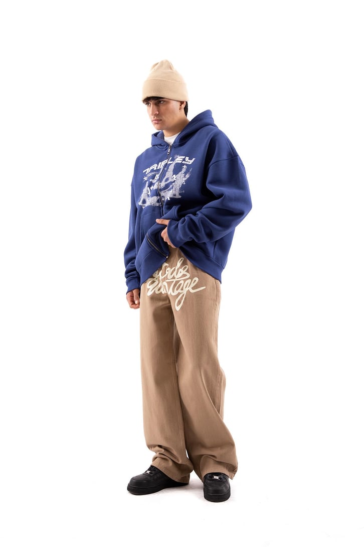 Tripley Baskılı Mavi Oversize Zip Hoodie