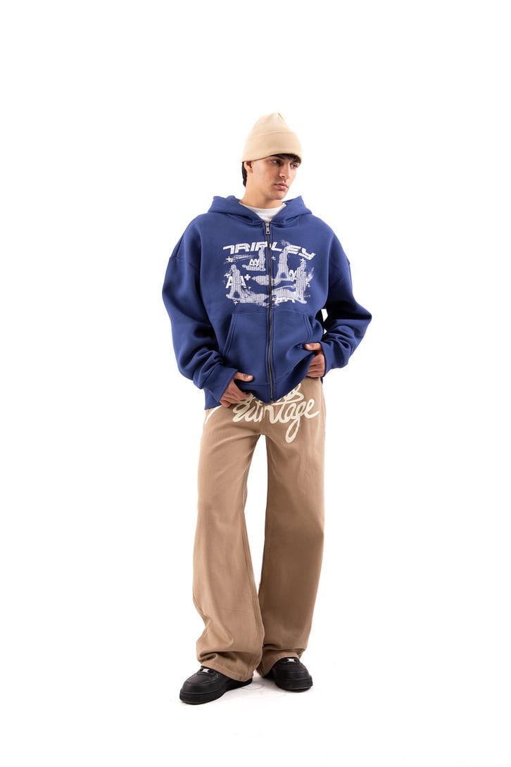 Tripley Baskılı Mavi Oversize Zip Hoodie
