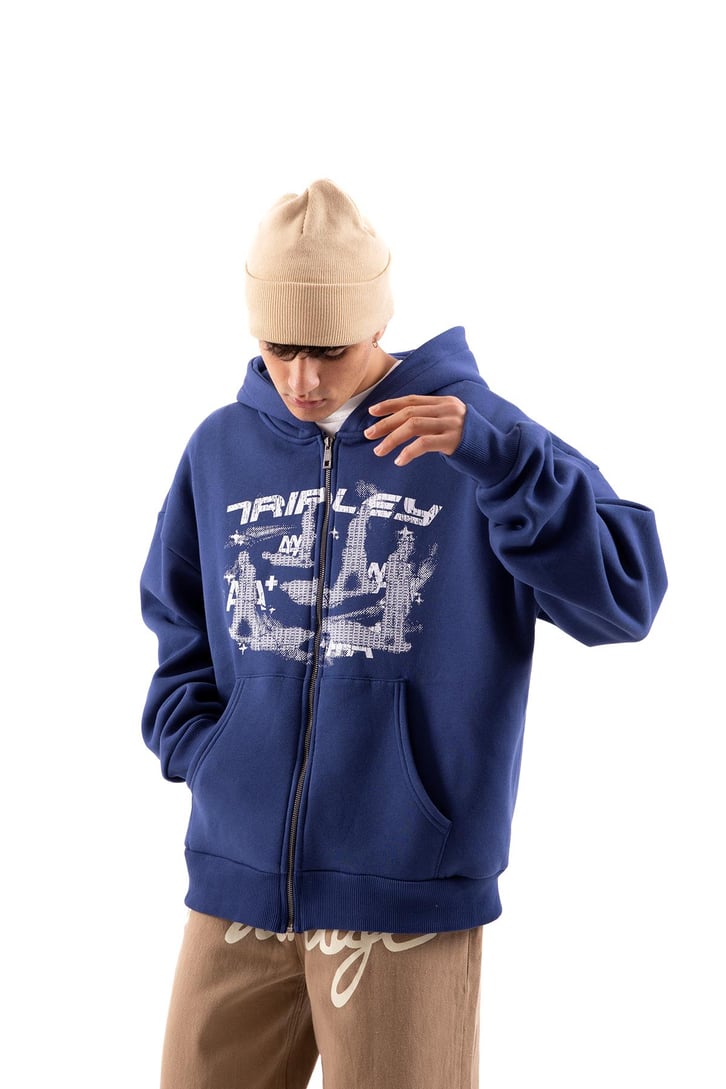 Tripley Baskılı Mavi Oversize Zip Hoodie