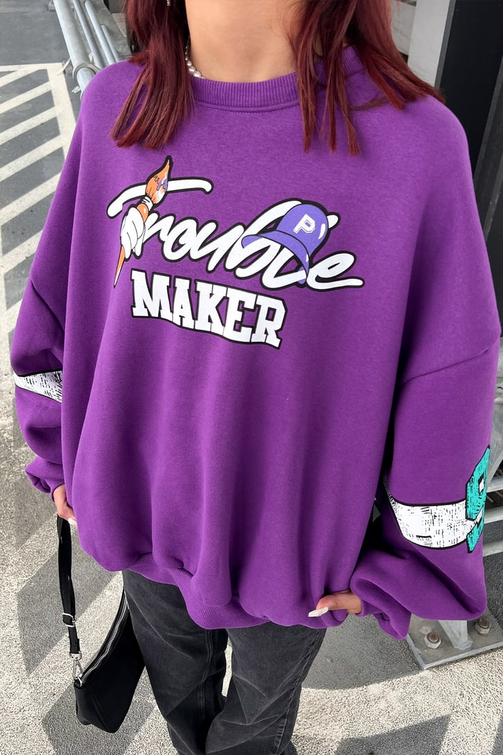 Trouble Maker Baskılı Mor Oversize Sweatshirt