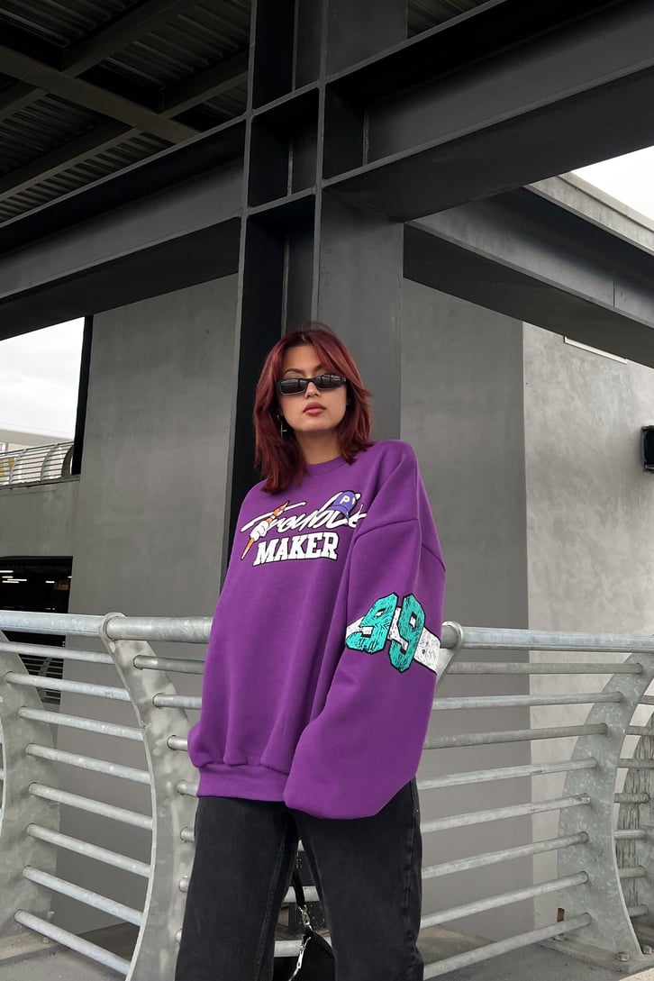 Trouble Maker Baskılı Mor Oversize Sweatshirt