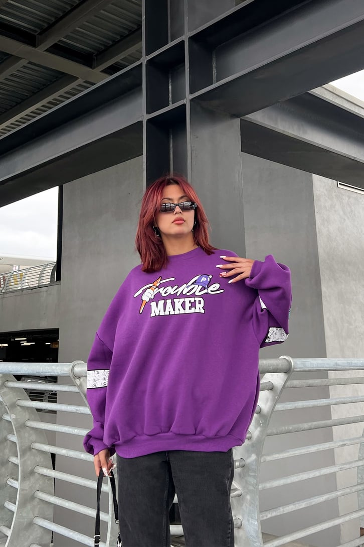 Trouble Maker Baskılı Mor Oversize Sweatshirt